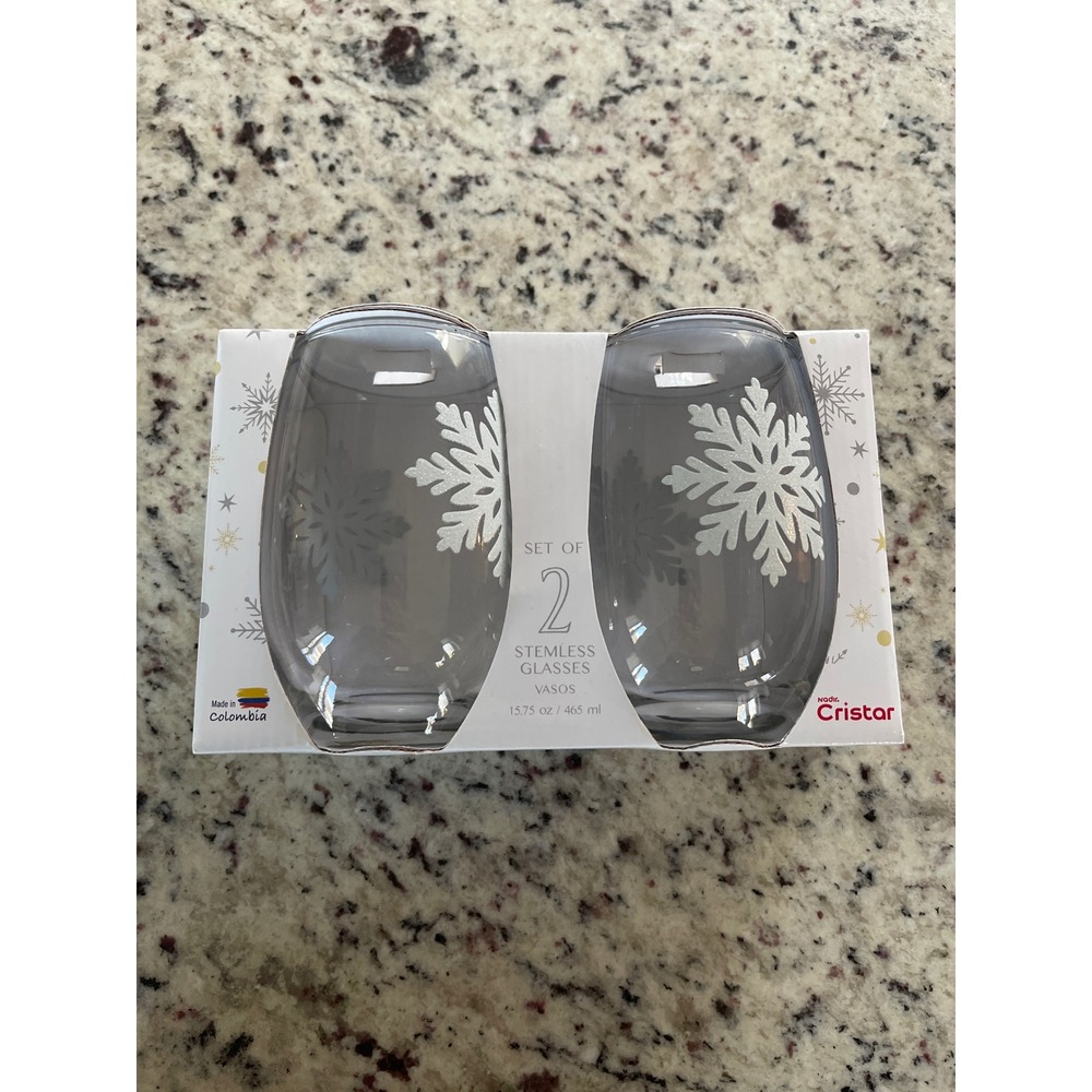 Cristal Set of 2 Clear Stemless Glasses Snowflake‎ Design 15.75 oz